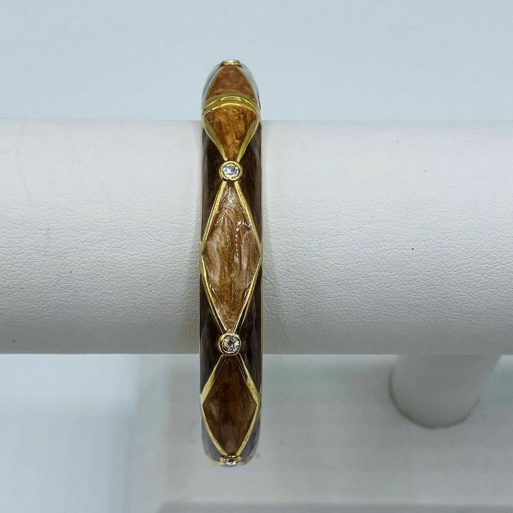 Hinged Bangle Bracelet in brown, tan, rhinestone, and gold tone
